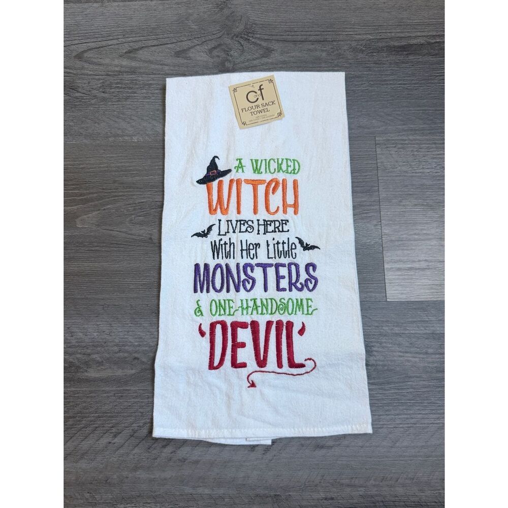 C&F Halloween Embroidered Flour Sack Towel NEW Cotton Witch Bats